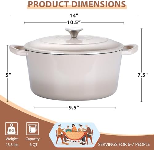 E-far 6 Quart Enameled Cast Iron Dutch Oven, Round Dutch Oven Pot with Lid, Nonstick Cookware for Braising/Stews/Roasting/Bread Baking/Cooking, Heavy Duty, Induction & Oven Safe - Khaki