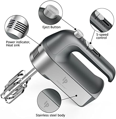 Hand Mixer Electric, 450W Kitchen Mixers with Scale Cup Storage Case, Turbo Boost/Self-Control Speed + 5 Speed + Eject Button + 5 Stainless Steel Accessories, For Easy Whipping Dough, Cream, Gray