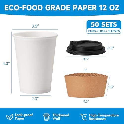 RACETOP Disposable Paper Coffee Cups with Lids & Sleeves, 12 oz, 50 Pack