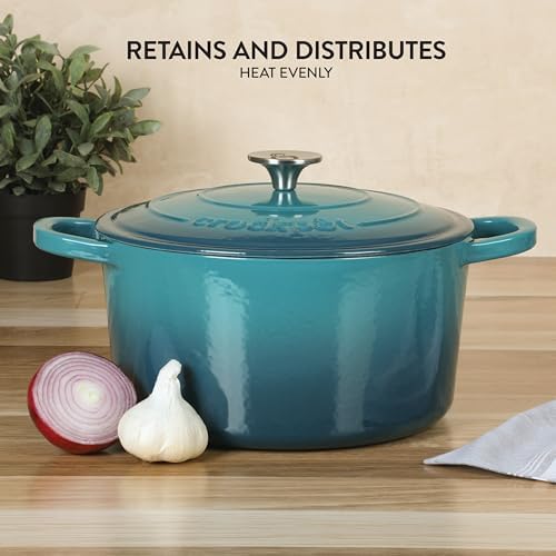 Crock Pot Artisan 6-Quart Round European Enameled Cast Iron Dutch Oven Pot With Lid -Teal Ombre