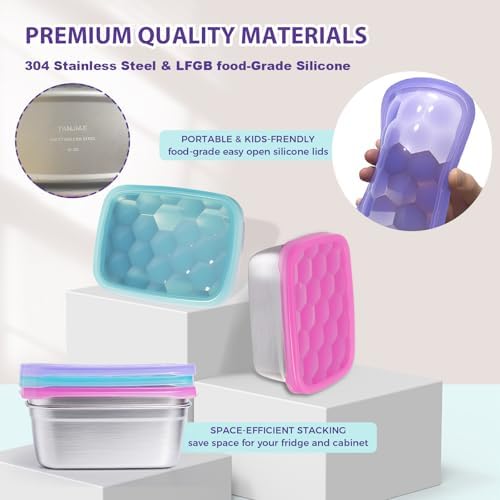 Tanjiae 3-Pack Stainless Steel Snack Containers for Kids & Toddlers - 550ml (18oz) Leakproof Reusable Food Containers with LFGB Certified Lids | Stackable Metal Lunch Box for Daycare, School, Travel