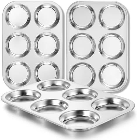 E-far Muffin Top Pan Set of 3, Stainless Steel 6-Cavity Shallow Cupcake Pan for Baking Whoopie Pie, Yorkshire Pudding, Eggs, Cornbread, Drop Cookies, Non-toxic & Standard Size, Oven & Dishwasher Safe