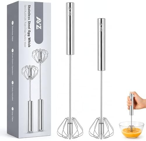 Stainless Steel Semi-automatic Egg Whisk, 2 Pack 7.9in & 11.8in Hand Push Mini Whisk, Effortless Egg Scrambler for Baking Cooking Whisking Beating & Stirring