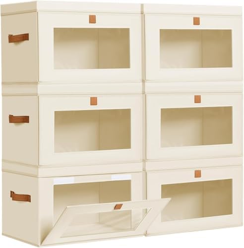 DIMJ Storage Bins with Lids - 6 Pack Fabric Closet Organizer with Window & Handles, Collapsible Decorative Storage Boxes for Shelves Under Bed, Books Clothes Blankets Sweaters Organization