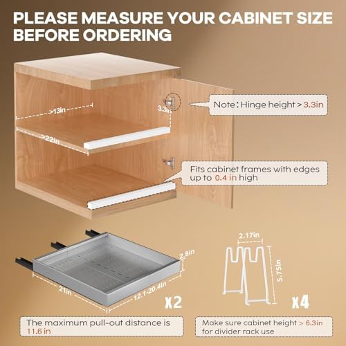 Seinloes 2 Pack Pull out Cabinet Organizer 21"Deep With Raising Pad for Framed Cabinets, Expandable Slide out Drawers for Kitchen Cabinets with 4pcs Divider Racks,Roll out Shelves 12.1"-20.4" W Silver
