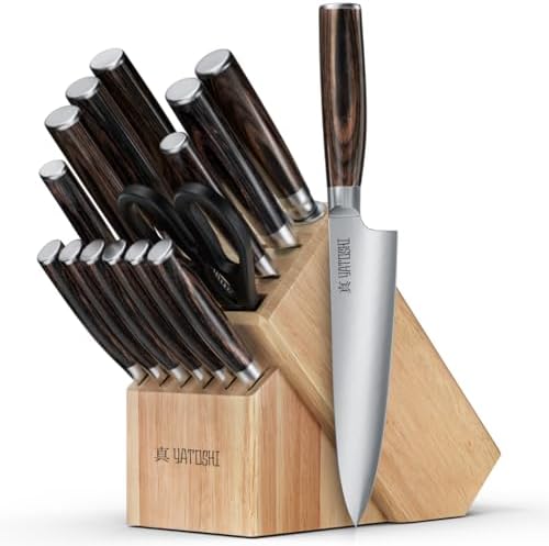 Yatoshi 15 Piece Knife Block Set - Pro Kitchen Knife Set Ultra Sharp High Carbon Stainless Steel with Ergonomic Handle