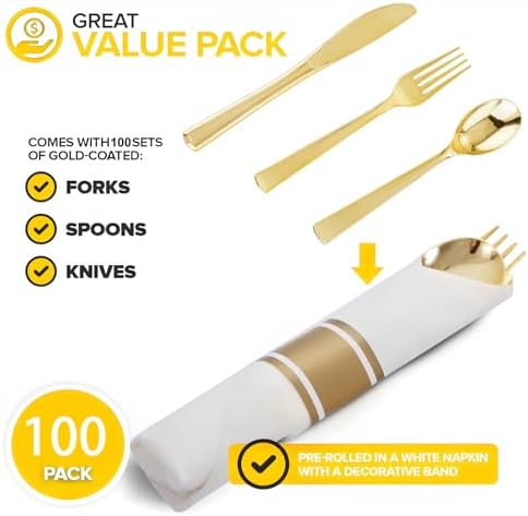 400PCS Pre Rolled Gold Plastic Silverware Sets