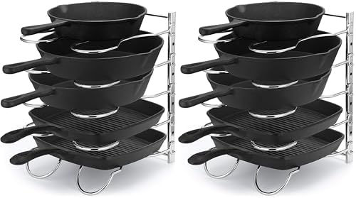 CAXXA Heavy Duty Pan Rack, Pot Lid Rack, Kitchen Cabinet Pantry Cookware Organizer Rack Holder with 5 Adjustable Dividers, Chrome (Pack of 2)