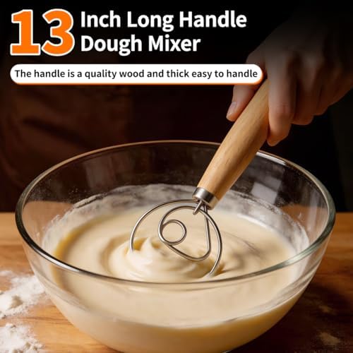 Polly Online Dough Whisk,Wooden Handle Danish Sourdough Whisk with Stainless Steel Dough Hook for Bread, Pastry or Pizza Dough 13 Inch 1-PACK