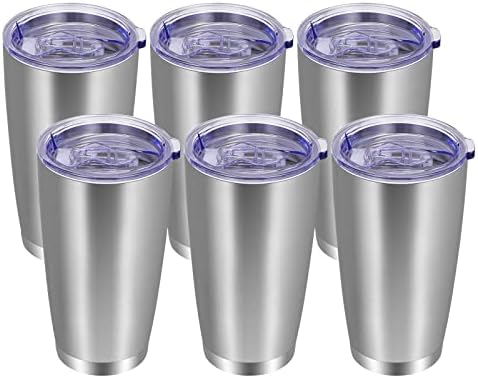 VEGOND 20oz Tumbler with Lid and Straw Stainless Steel Tumbler Cup Bulk Vacuum Insulated Double Wall Travel Coffee Mug Powder Coated Coffee Cup, Stainless, 6 Pack