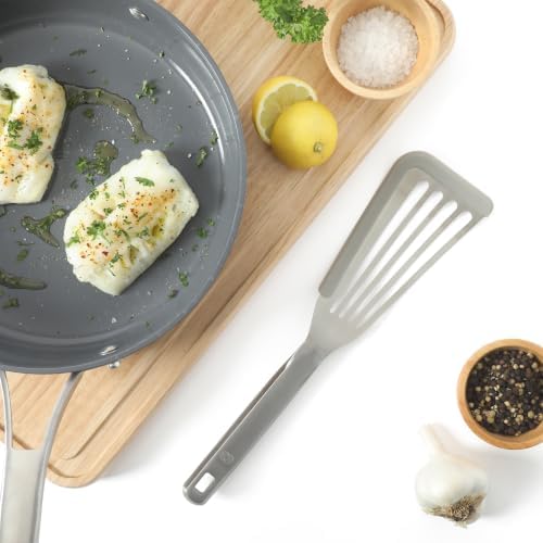 Calphalon Prime Slotted Fish Turner, Kitchen Flipping Spatula, Slotted Spatula, Stainless Steel Slotted Turner with Silicone High-Heat Resistant Handle, Cookware for Flipping and Draining (Taupe)