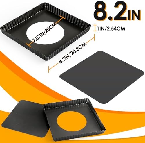 Square Pie Pan Nonstick Tart Pan With Removable Bottom Heavy Duty Carbon Steel Fluted Quiche Pan Tart Mold for Baking Mousse Cakes Dessert,8.2 x 1-Inch