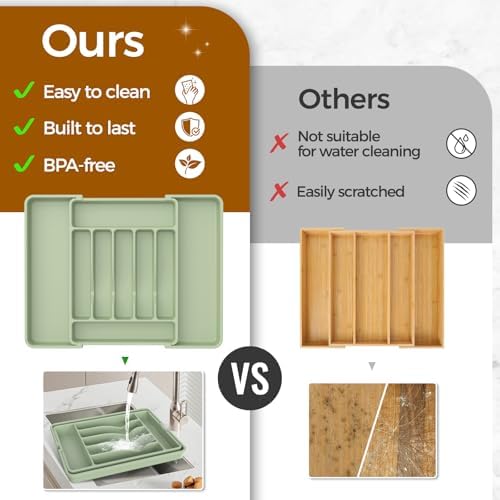 ukeetap Extra Large Expandable Silverware Organizer, Flatware Tray, Green