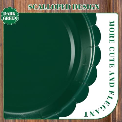 NatNarr 30 Pcs Dark Green Plates Disposable 7 Inch Scalloped Christmas Paper Plates Dessert Cake Plate Cute Party Plate for Wedding, Birthday, Holiday