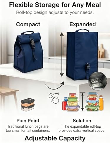 ZM-YOUTOO Insulated Foldable Lunch Bag- Lightweight Portable with Adjustable Shoulder Strap Lunch Box for Men, Women, Office, Work, Picnic, Hiking and Beach (Navy Blue(Soft Fabric))