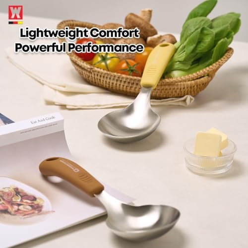 Short Stainless Steel Ladle 220mm (8.6”) – SUS304 Thick Deep Bowl Head with Soft-Grip Silicone Handle – Lightweight Mini Soup & Serving Spoon for Cooking – 5 Color Options (Brown)