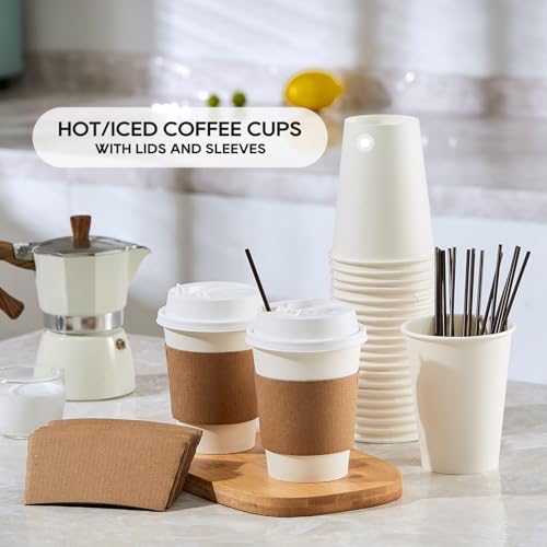 JOLLY PARTY 100 Pack 12 oz Disposable Paper Coffee Cups with Lids & Sleeves