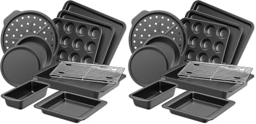 HONGBAKE Bakeware Sets, Baking Pans Set, Nonstick Oven Pan for Kitchen with Wider Grips, 10 Pieces Including Rack, Cookie Sheet, Cake Pans, Loaf Pan, Muffin Pan, Pizza Pan - Grey (Pack of 2)