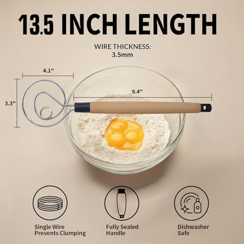 Danish Dough Whisk Heavy Duty 13.5" - Dishwasher-Safe Baking Tool (Beige)
