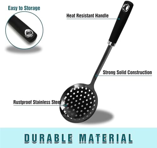 Black Stainless Steel Skimmer Spoon, Metal Slotted Spoon Strainer