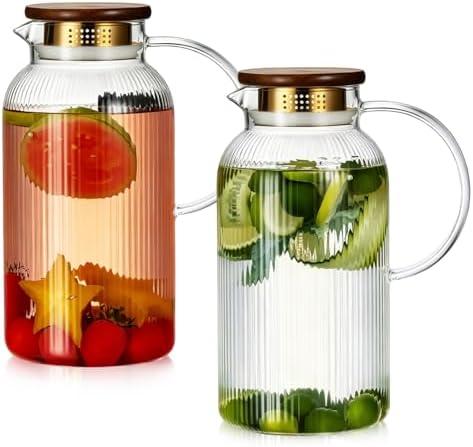 Buaic 2 PACK Glass Pitcher with Lid, 68oz/ 2 Liter Glass Water Pitcher
