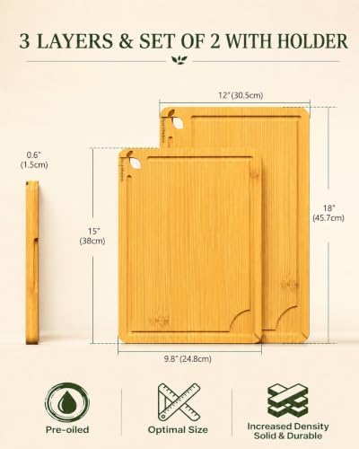 Extra Large and Large Cutting Board Set of 2, Bamboo Cutting Board Set with Deep Juice Groove Side Handles,Butcher Block Style for Kitchen,Charcuterie, Meat, Vegetables and Fruit