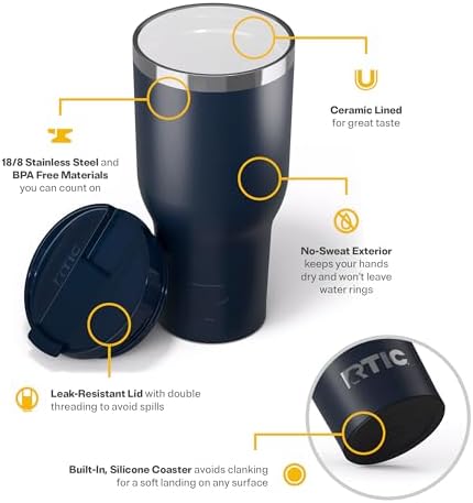 RTIC 40oz Essential Tumbler with Lid, Ceramic Lined, Navy