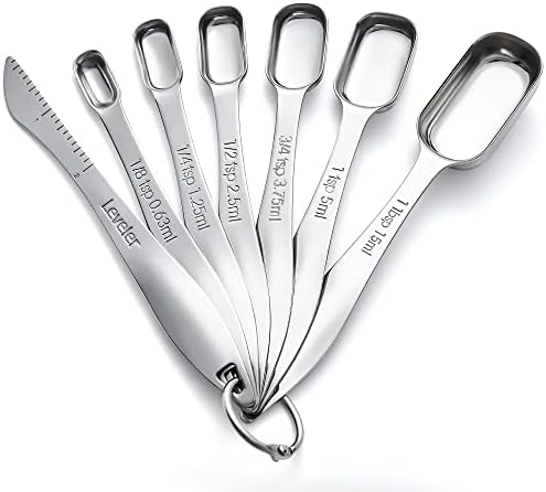 Rainspire Heavy Duty Measuring Spoons Set Stainless Steel, Metal Measuring Cups and Spoons Set for Dry or Liquid, Fits in Spice Jar, Home Gadgets Kitchen Gadgets, Set of 7 Including Leveler