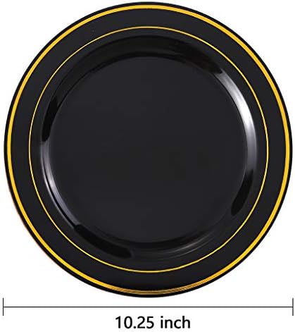 bUCLA 100 Pieces Black and Gold Plastic Dinner Plates - 10.25 inch Black Disposable Plates with Gold Rim - Ideal for Party, Graduation & New Year