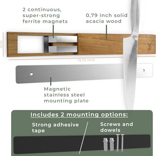 WALDWERK Knife Magnetic Strip (15,7 x 2 in) Mount with Adhesive or Screws - Magnetic Knife Holder for Wall - Magnetic Knife Strip made of Elegant Acacia Wood - Magnetic Knife Holder for Heavy Knifes