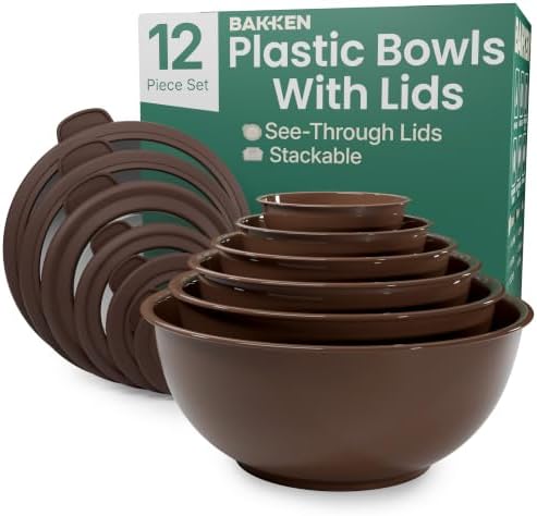 Bakken Master 12 Piece Plastic Nesting Bowls with Lids - Mixing Bowls Set includes 6 Prep Bowls and 6 Lids, BPA-Free, Reusable Meal Prep Containers, Microwave, Freezer & Dishwasher Safe, Brown