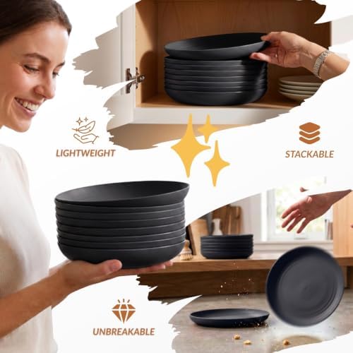 Homienly Wheat Straw Plates Unbreakable Deep Dessert Plates Set of 8 Plastic Plates Reusable Microwave Safe Plate for Kitchen Camping Party Dishwasher Safe Stackable Appetizer Plates (8in, Black)