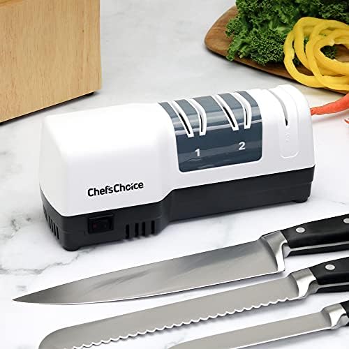 Chef'sChoice Hybrid Knife Sharpeners for 20-Degree Straight and Serrated Knives Combines Electric and Manual Sharpening With 100-Percent Diamond Abrasives And Precision Angle Guides, 3-Stage, White