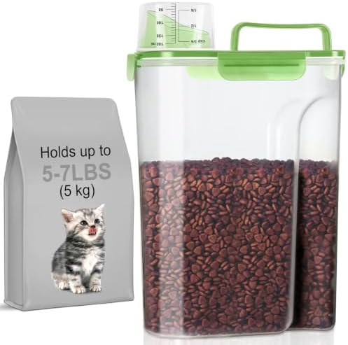 LEAWALK 5-7Lbs/6Qt Dog Cat Storage Container Portable with Upgraded Large Spout and Cup, Plastic Pet Food Dispenser for Small Animal Kibble, Bird Seed, Oatmeal, Rice, Flour, Brown Sugart (Clear Green)
