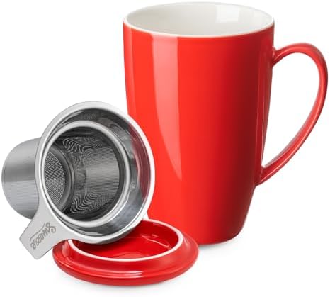 Sweese 15 OZ Porcelain Tea Mug with Infuser and Lid, Loose Leaf Tea Cup, Gifts for Tea Lover, Red