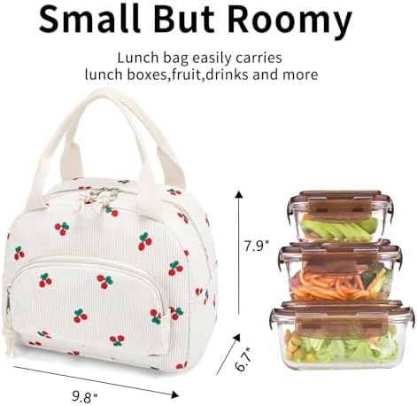Lunch Bag Women Lunch Box for Women Adult Cute Insulated Lunch Bag Small Cooler Lunch Tote Bags for Work Picnic Travel (Beige-Cherry)