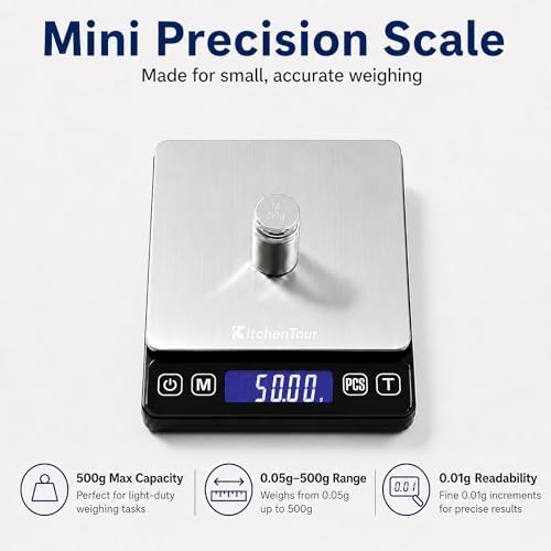 KitchenTour Mini Gram Scale for Coffee, Jewelry and Small Items, 500g x 0.01g Digital Pocket Scale with Tare, 6 Units, Back-Lit LCD, 2 Trays, Black
