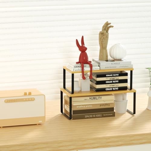 NEX Kitchen Cabinet and Counter Shelf Organizer, Stackable & Expandable, Set of 4, Black and Natural - 7.7 x 15.6 x 6.2''