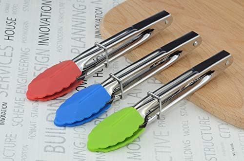 HINMAY 7-Inch Mini Tongs with Silicone Tips, Set of 3 (Green Red Blue)