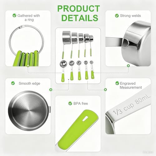 Bopei 10-Pcs Stainless Steel Measuring Cups & Spoons Set, Green Handles