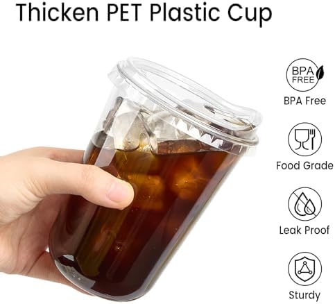 16 oz Clear Plastic Coffee Cups with Sip Lids, 25 Sets