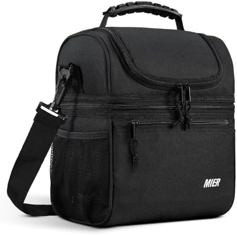 MIER Insulated Lunch Box Bags for Men Women, Dual Compartment, Black