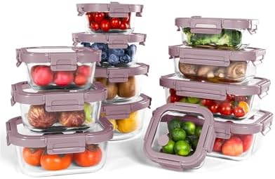 12-Pack Glass Containers with Tempered Lids – Borosilicate, Oven-Safe(-4°F~950°F), Airtight, BPA-Free, Multi-Size for Meal Prep, Dishwasher Safe, 1.6 cups to 6.4 cups (Pink)