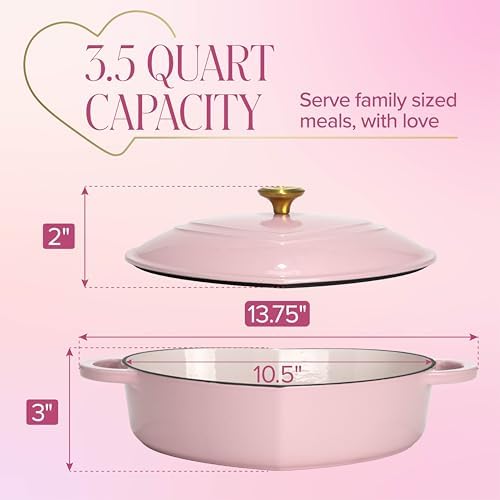 Paris Hilton Enameled Cast Iron Braiser, Heart-Shaped Skillet with Lid, Superior Heat Retention Casserole, Stovetop and Oven-to-Table, 3.5-Quart, Pink
