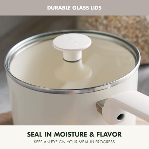 GreenPan Rio Advanced 2QT Saucepan with Lid, Ceramic Nonstick PFAS-Free Pans, Induction Ready, Dishwasher and Oven Safe, Cream White