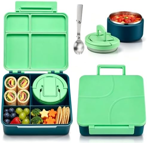 Bento Lunch Box for Kids with 8oz Soup Thermo,Kids Leakproof Lunch Food Containers with 4 Compartment,Kid Insulated Thermo Hot Food Jar for School,Trvael-Green