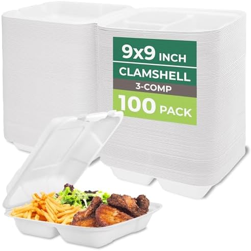 Freshware Clamshell Food Containers with Lids [9x9"] 3-Compartment 100-Pack, Disposable To Go Containers, Biodegradable Sugarcane To Go Boxes - Paper Container - Microwave & Freezer Safe, Stackable