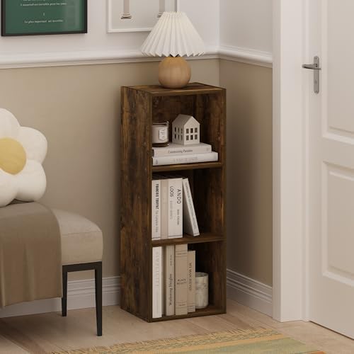 Furinno LUDER Book Shelf, 3-Cube Bookshelf, Bookcase with Open Shelves, 9.3 x 12 x 31.5, Easy Assembly, for Living Room, Bedroom, Home Office, Amber Pine