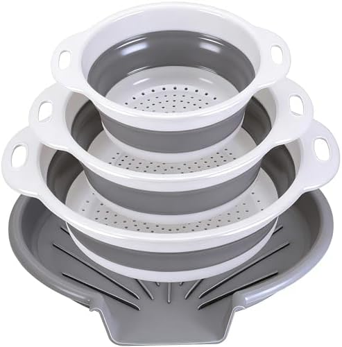 Collapsible Colander Set with Oversized Draining Tray | 3-Pack Foldable Kitchen Strainers + Base | Space Saving for Pasta, Veggies, Fruit & Rice | 5 Colors (Gray-White)
