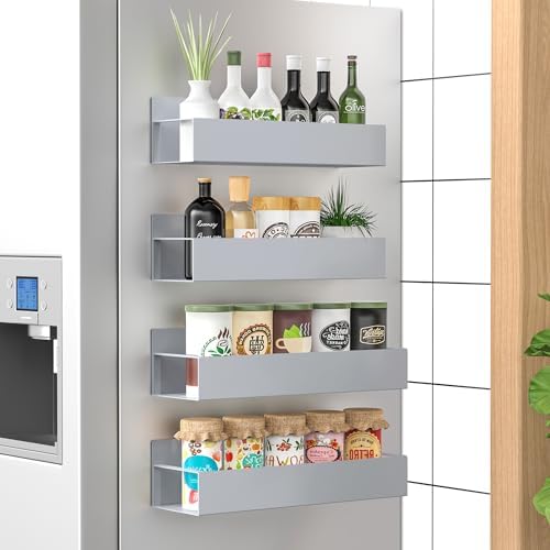 HuggieGems 4 Pack Magnetic Spice Storage Rack Organizer for Refrigerator and Oven, Gray Fridge Organizers and Storage